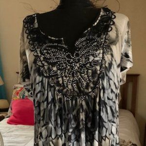 One World Casual Flutter Sleeve, Handkerchief Hem Dress with beading detail 2X